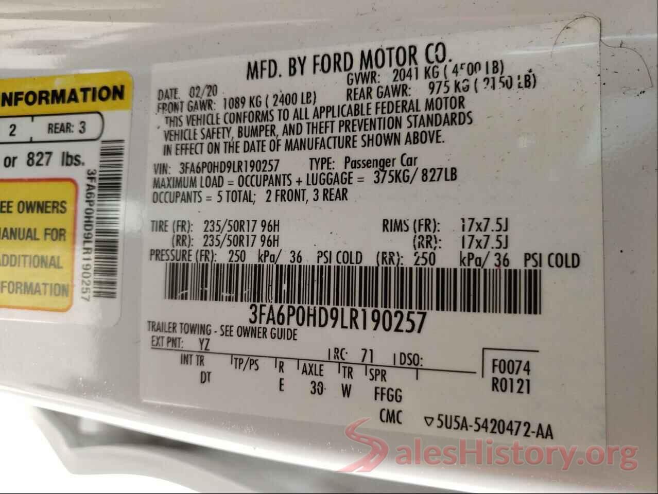 3FA6P0HD9LR190257 2020 FORD FUSION