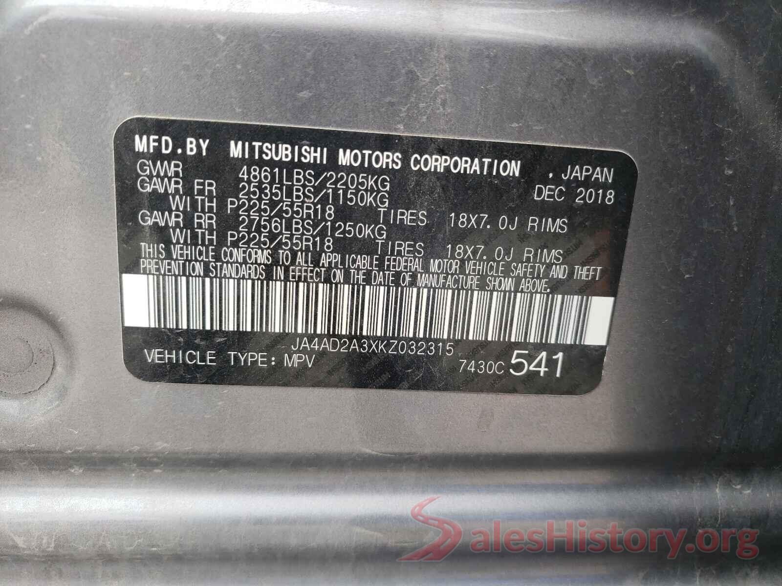 JA4AD2A3XKZ032315 2019 MITSUBISHI OUTLANDER