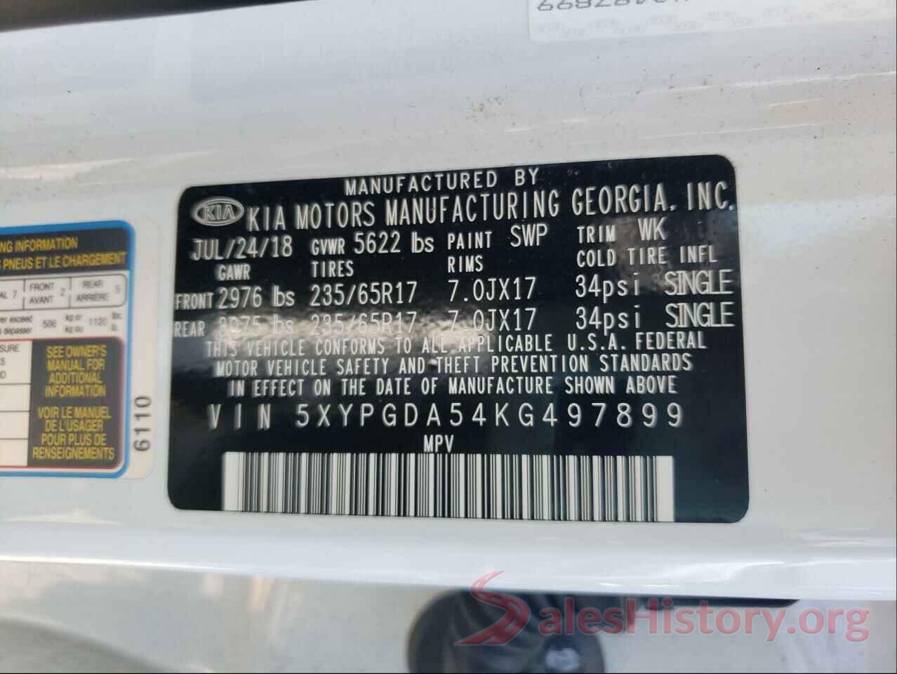 5XYPGDA54KG497899 2017 KIA SORENTO