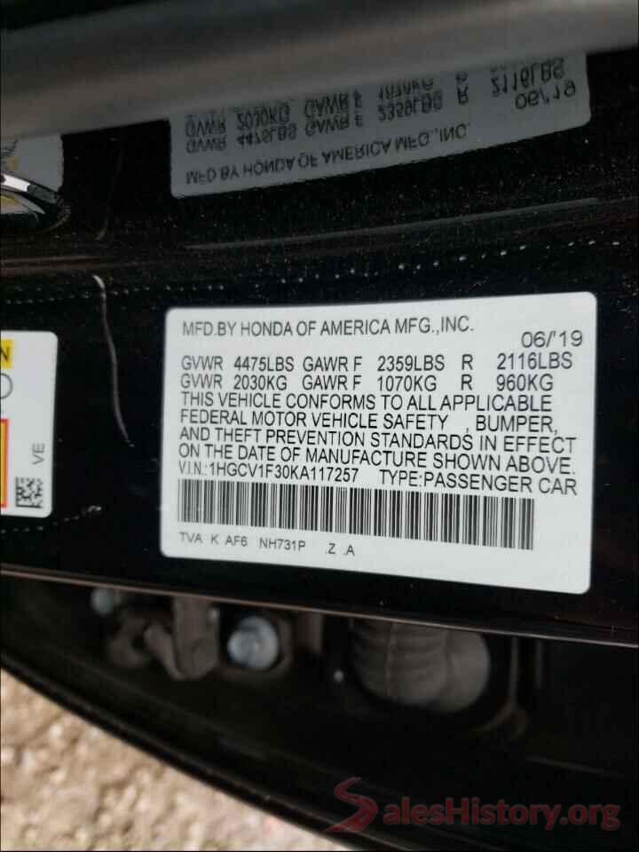 1HGCV1F30KA117257 2019 HONDA ACCORD