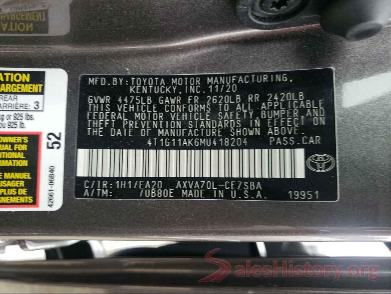 4T1G11AK6MU418204 2021 TOYOTA CAMRY