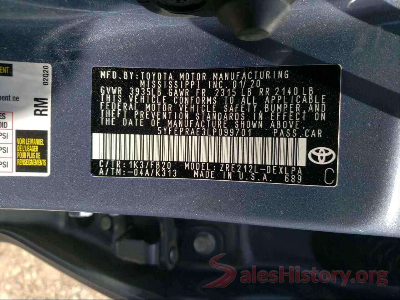 5YFEPRAE3LP099701 2020 TOYOTA COROLLA