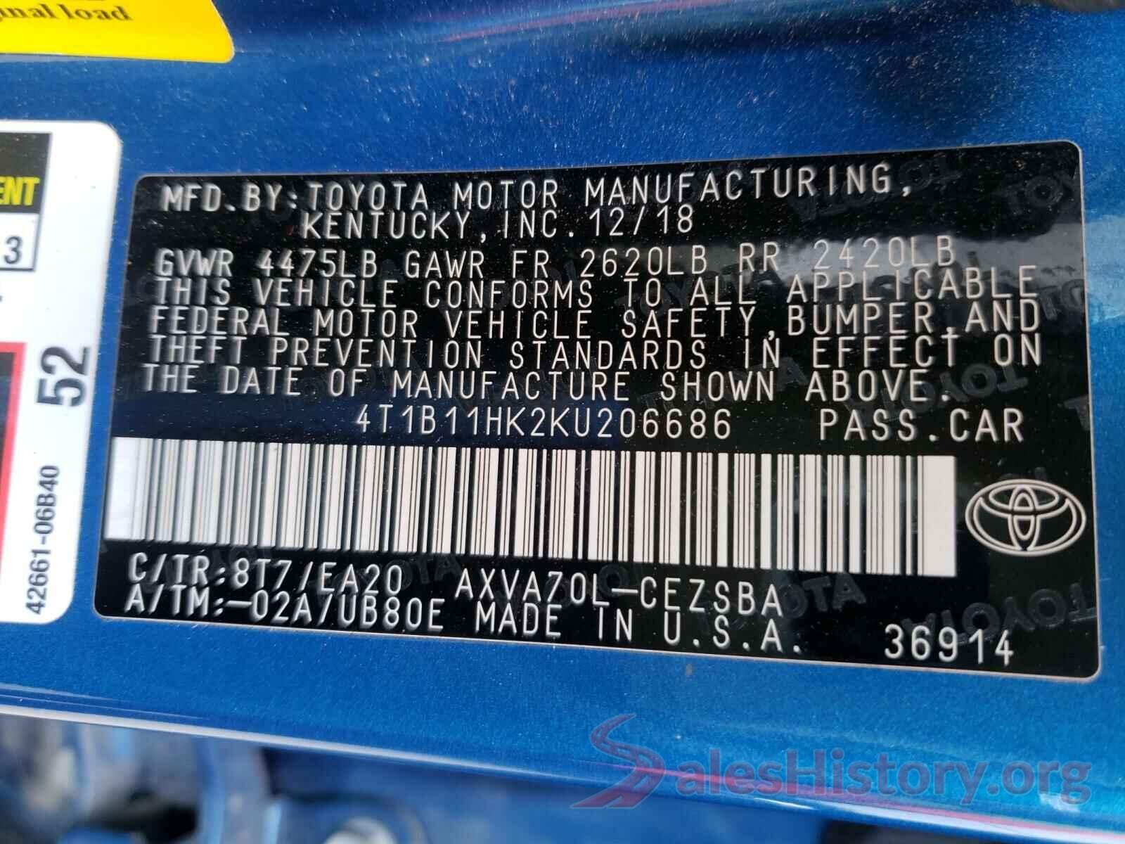 4T1B11HK2KU206686 2019 TOYOTA CAMRY