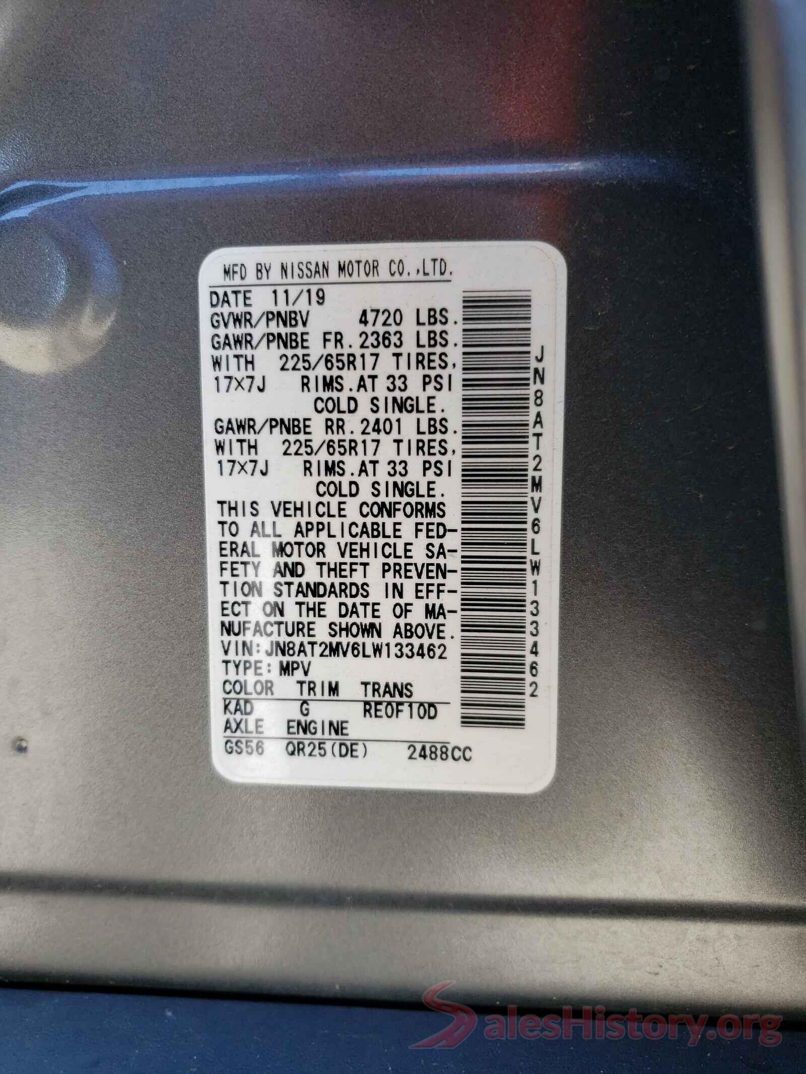 JN8AT2MV6LW133462 2020 NISSAN ROGUE