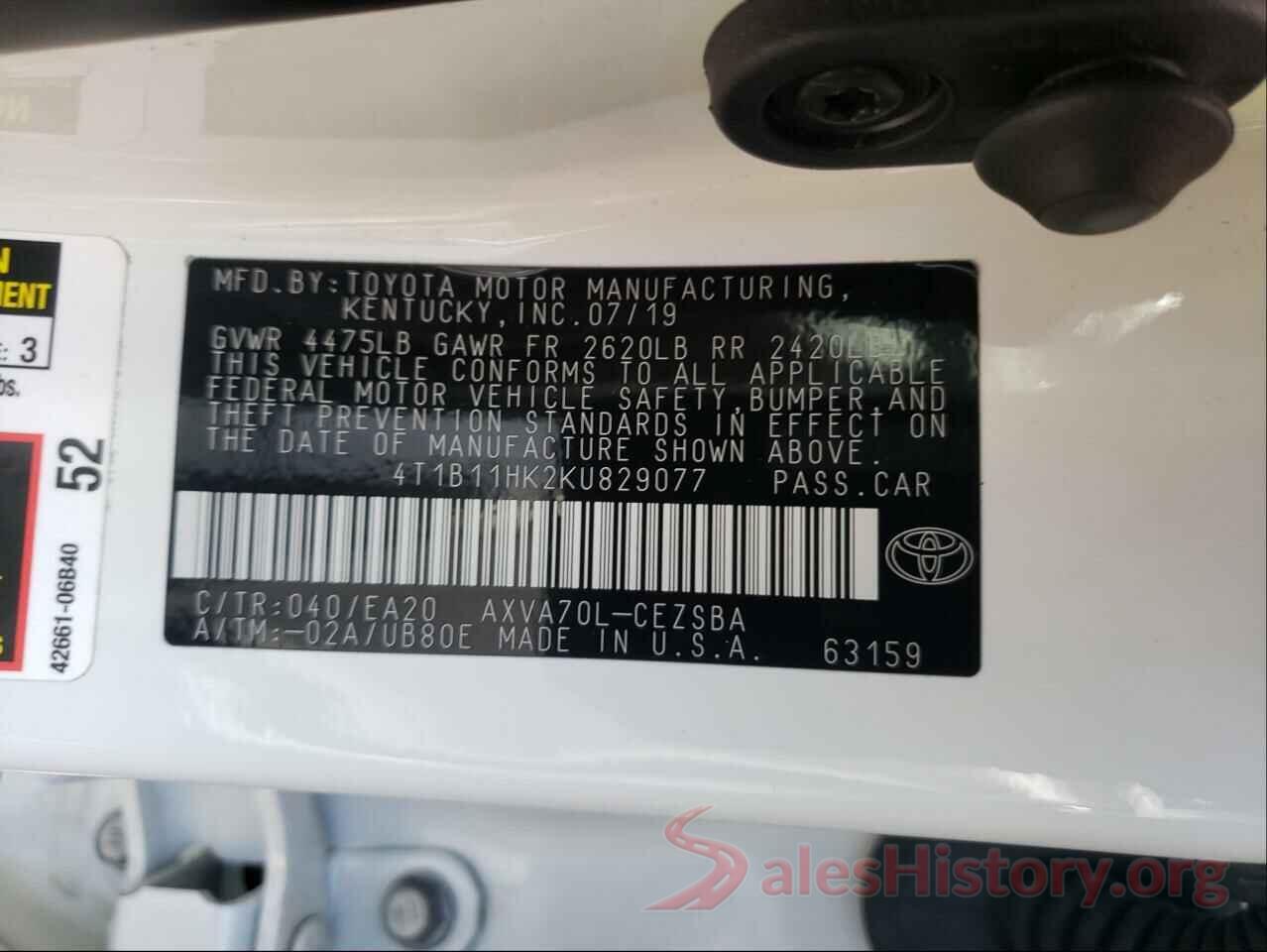 4T1B11HK2KU829077 2019 TOYOTA CAMRY