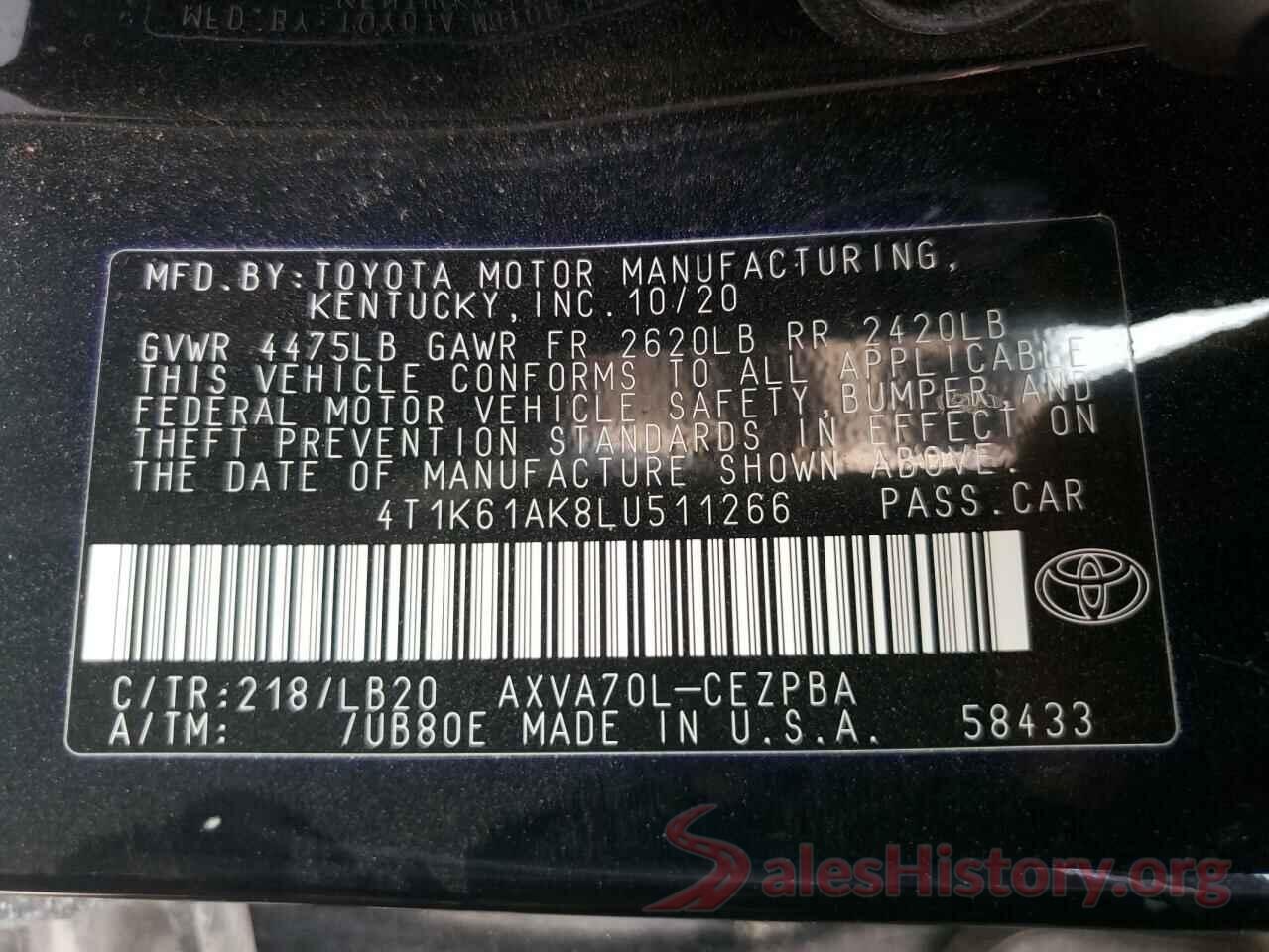 4T1K61AK8LU511266 2020 TOYOTA CAMRY