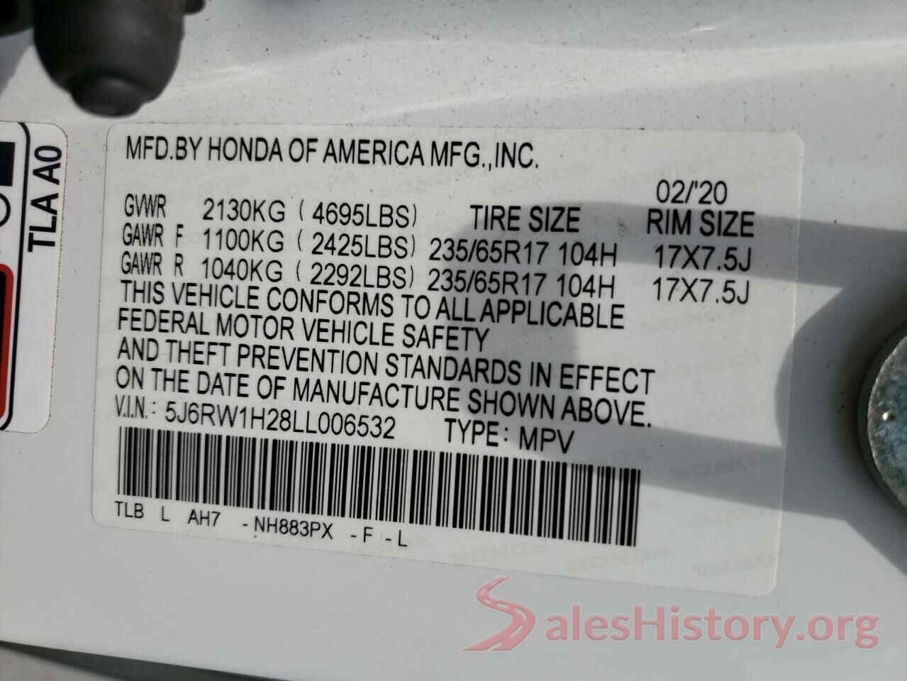 5J6RW1H28LL006532 2020 HONDA CRV