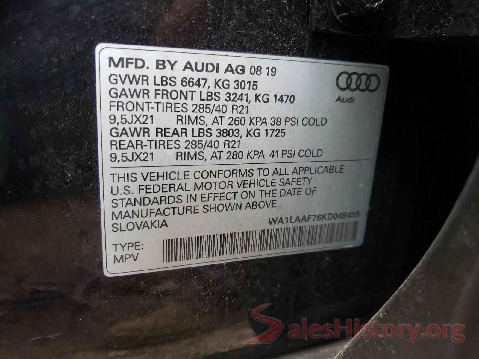 WA1LAAF76KD049455 2019 AUDI Q7