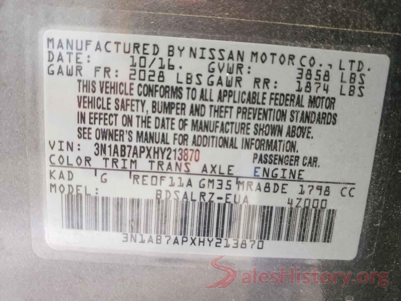 3N1AB7APXHY213870 2017 NISSAN SENTRA