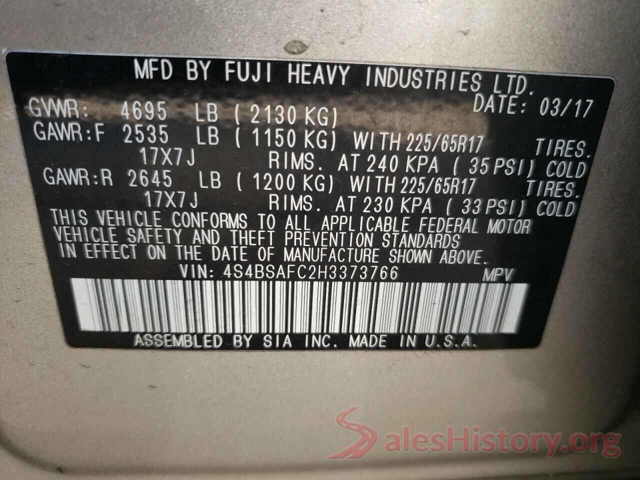 4S4BSAFC2H3373766 2017 SUBARU OUTBACK