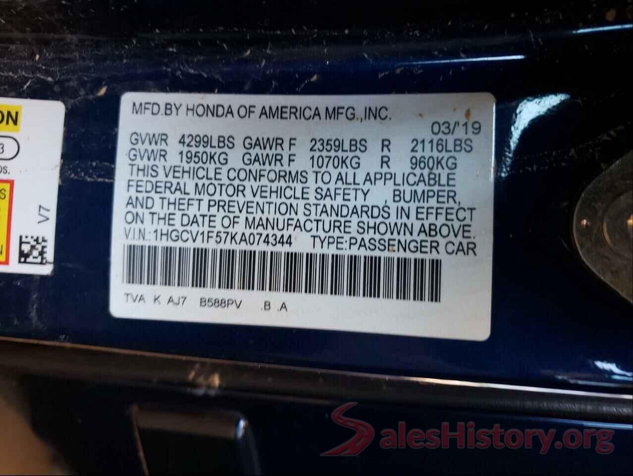 1HGCV1F57KA074344 2019 HONDA ACCORD