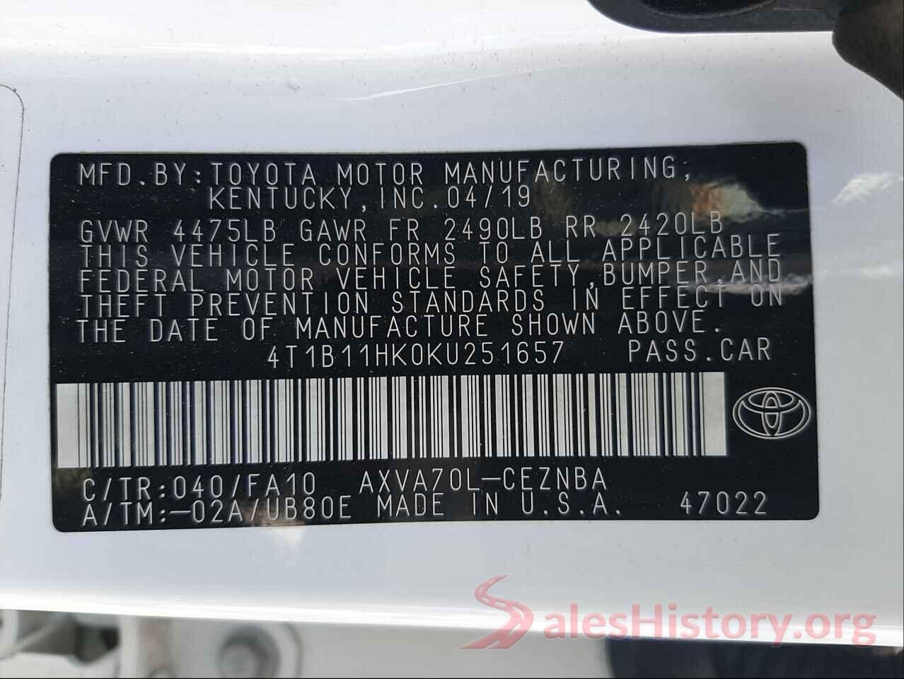 4T1B11HK0KU251657 2019 TOYOTA CAMRY