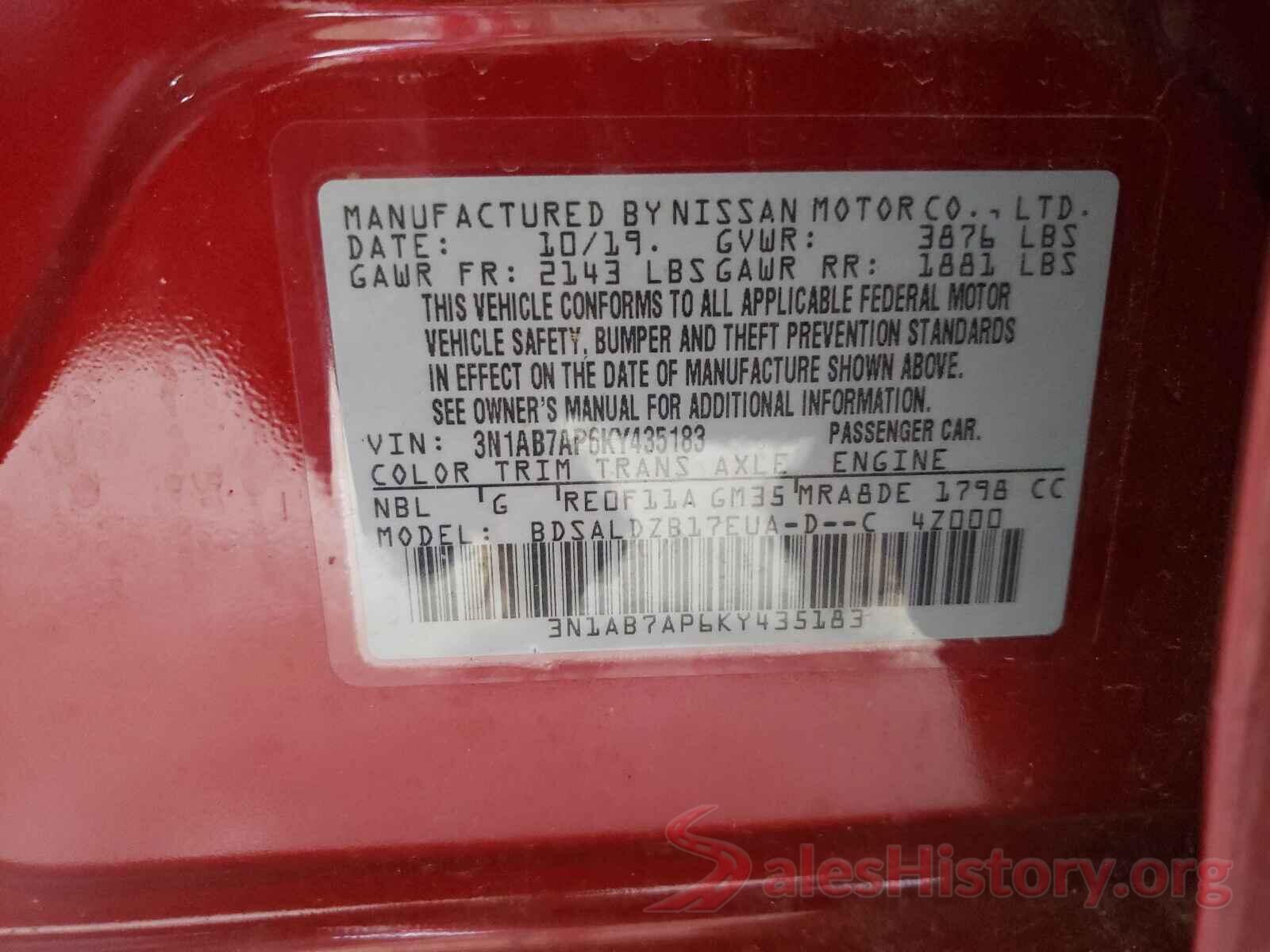 3N1AB7AP6KY435183 2019 NISSAN SENTRA