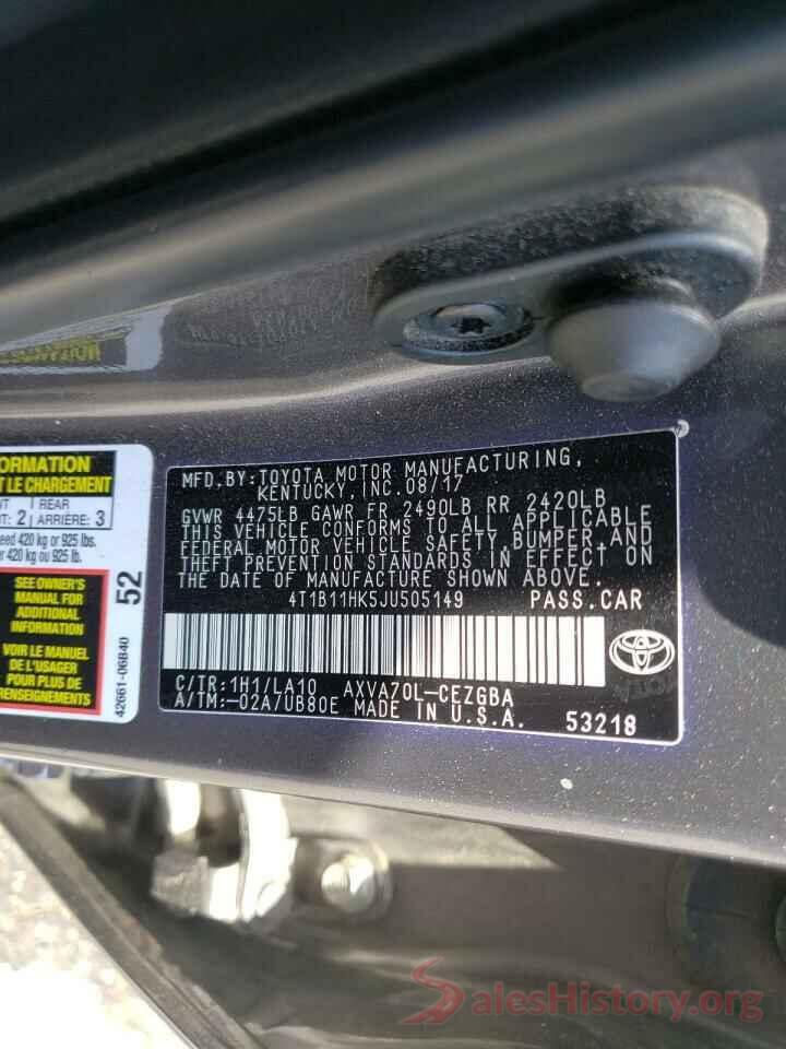 4T1B11HK5JU505149 2018 TOYOTA CAMRY