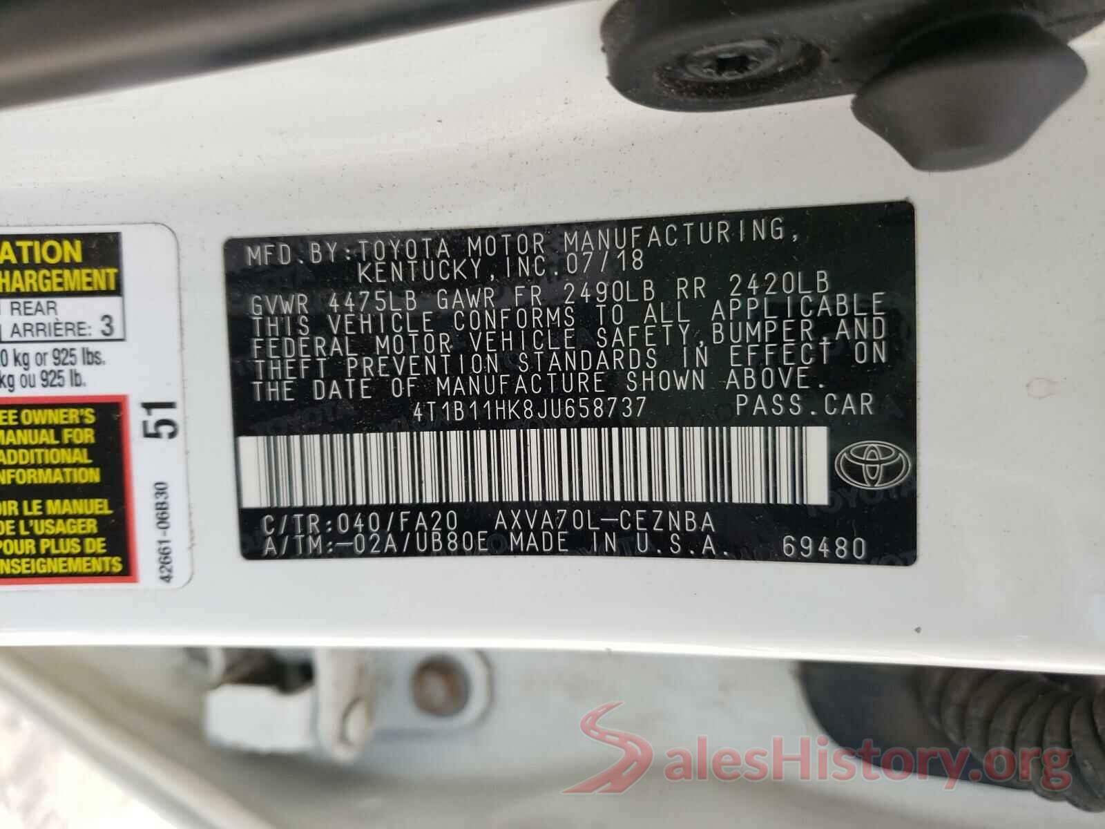 4T1B11HK8JU658737 2018 TOYOTA CAMRY