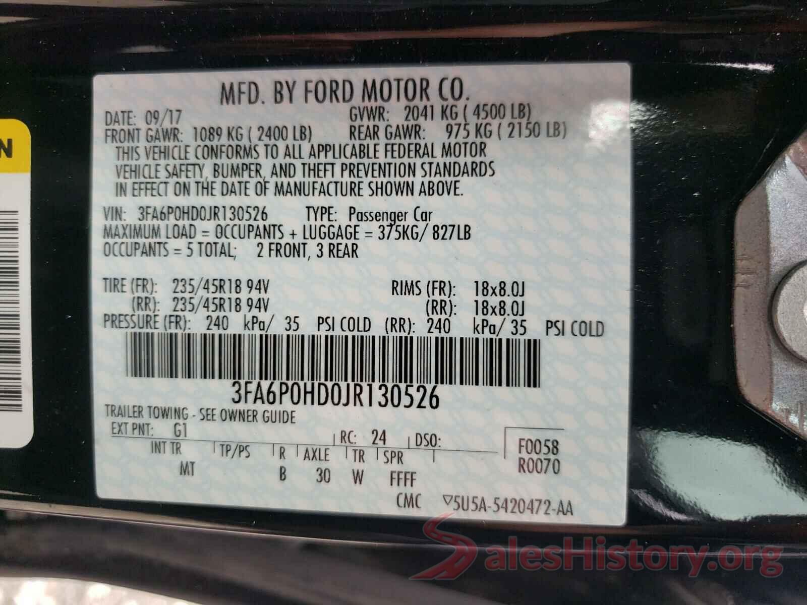 3FA6P0HD0JR130526 2018 FORD FUSION