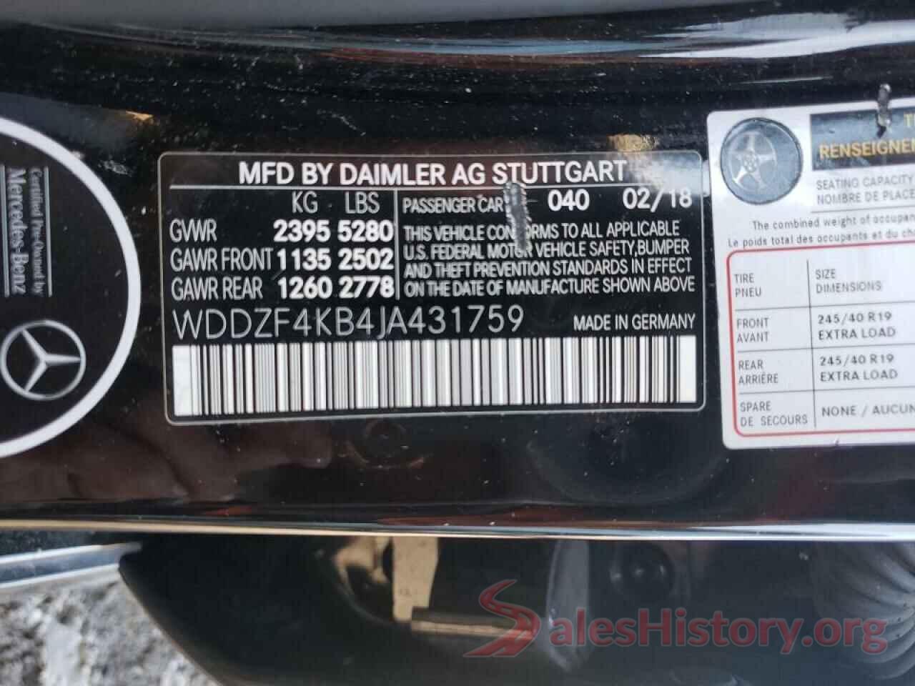 WDDZF4KB4JA431759 2018 MERCEDES-BENZ E-CLASS