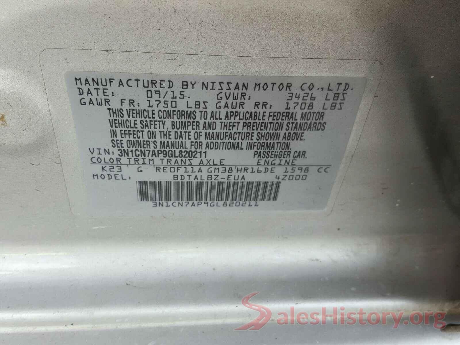 3N1CN7AP9GL820211 2016 NISSAN VERSA