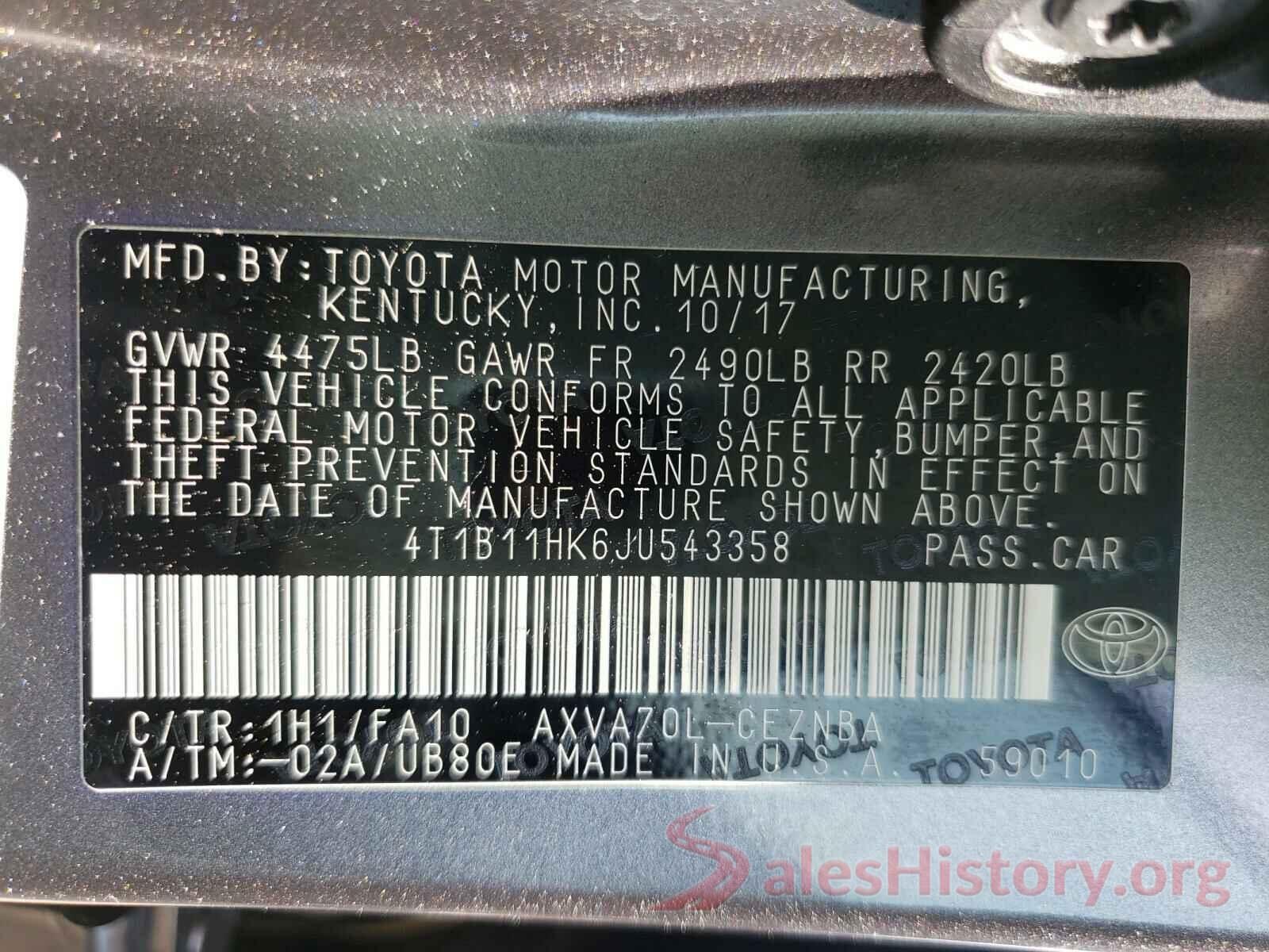 4T1B11HK6JU543358 2018 TOYOTA CAMRY