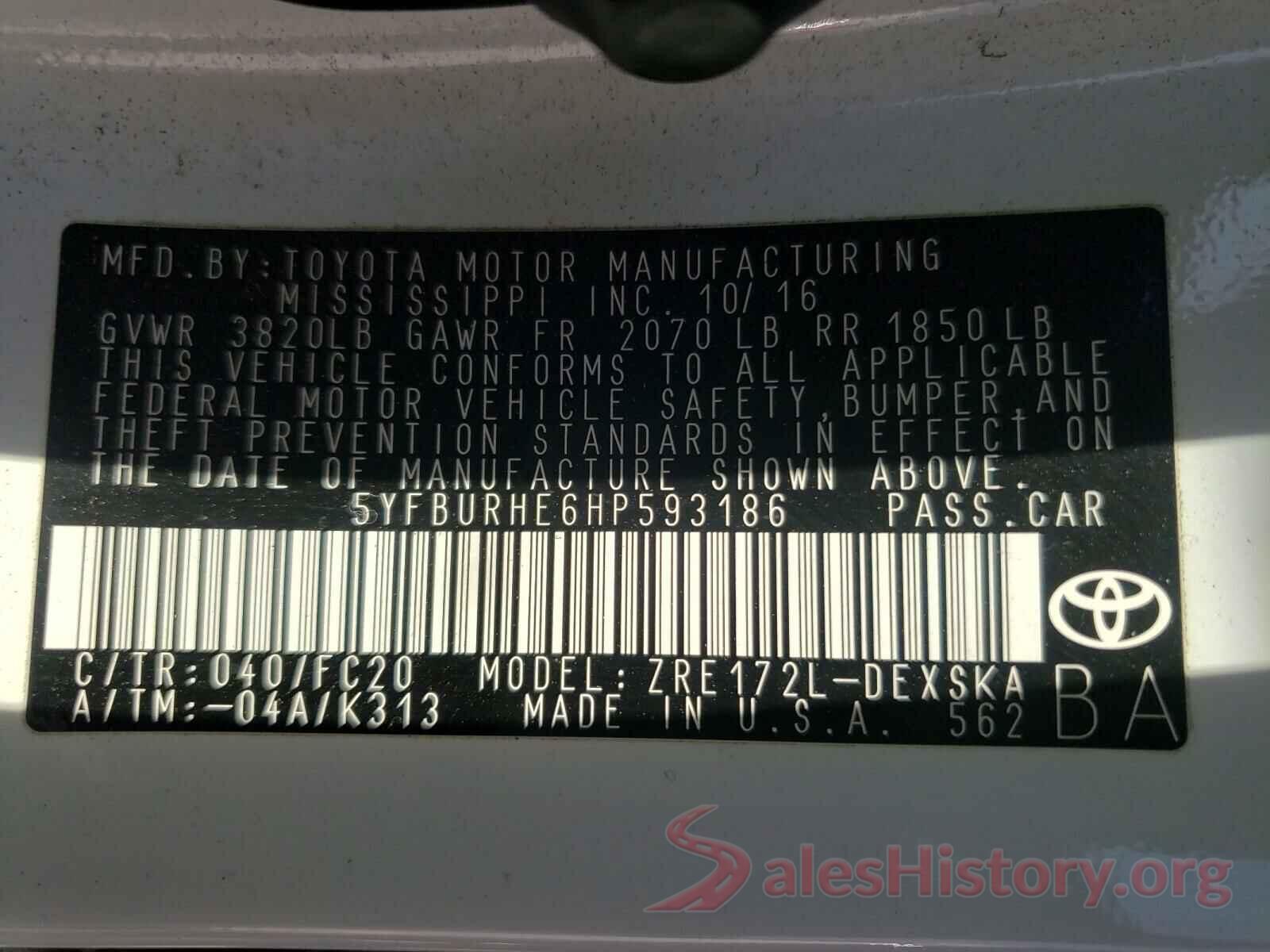 5YFBURHE6HP593186 2017 TOYOTA COROLLA