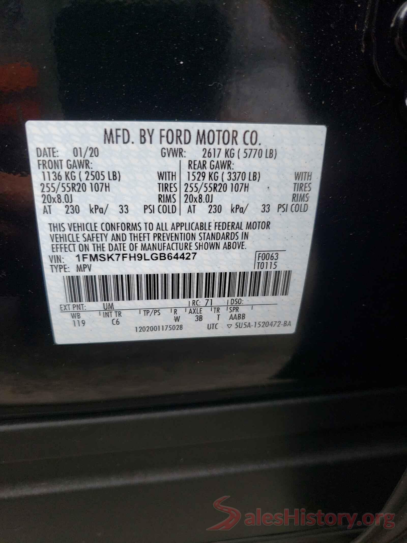 1FMSK7FH9LGB64427 2020 FORD EXPLORER