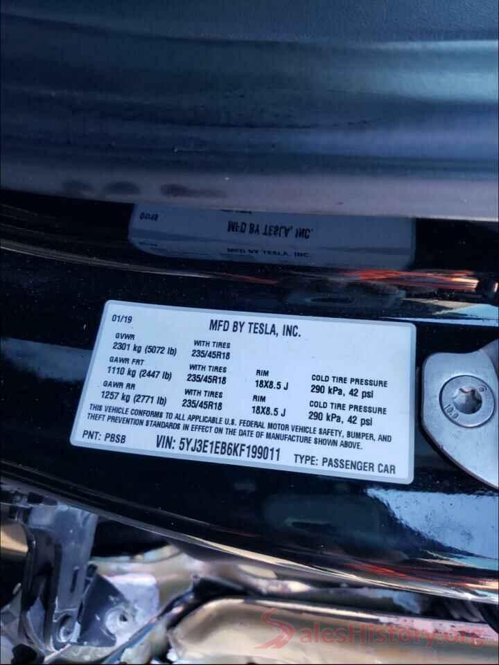 5YJ3E1EB6KF199011 2019 TESLA MODEL 3