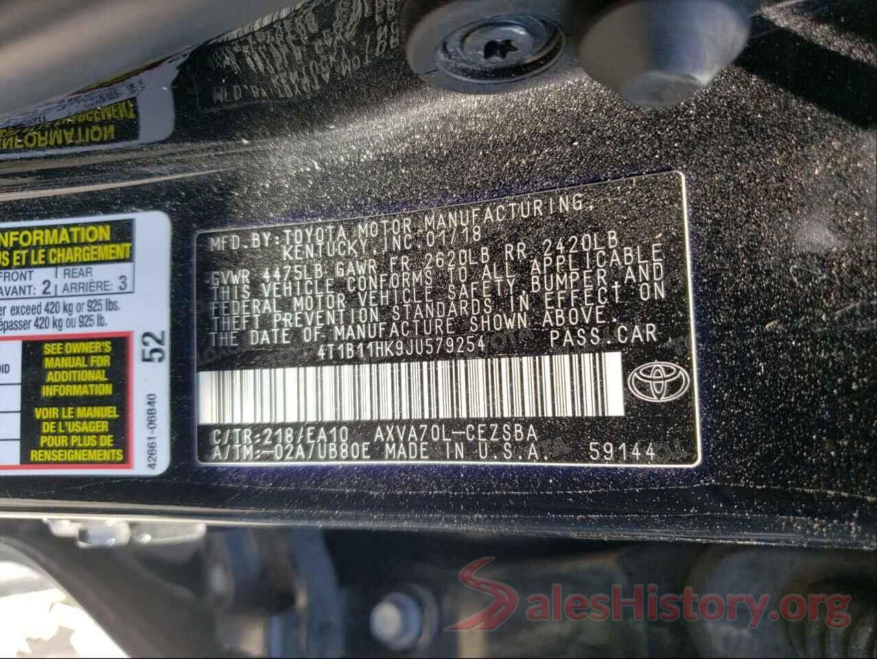 4T1B11HK9JU579254 2018 TOYOTA CAMRY