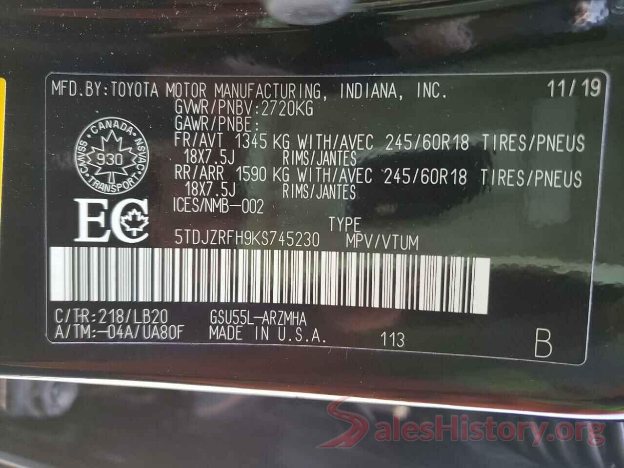 5TDJZRFH9KS745230 2019 TOYOTA HIGHLANDER