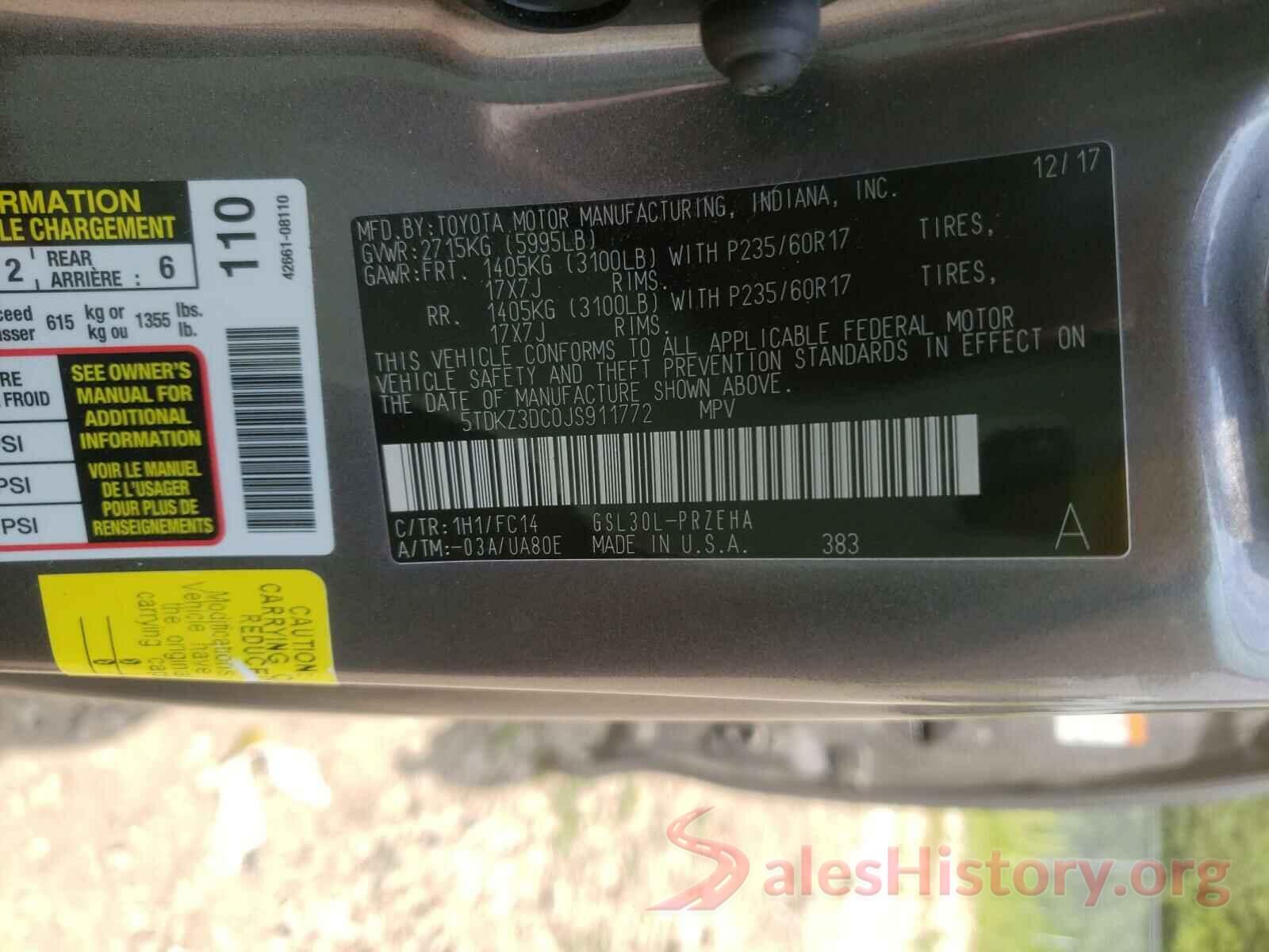 5TDKZ3DC0JS911772 2018 TOYOTA SIENNA