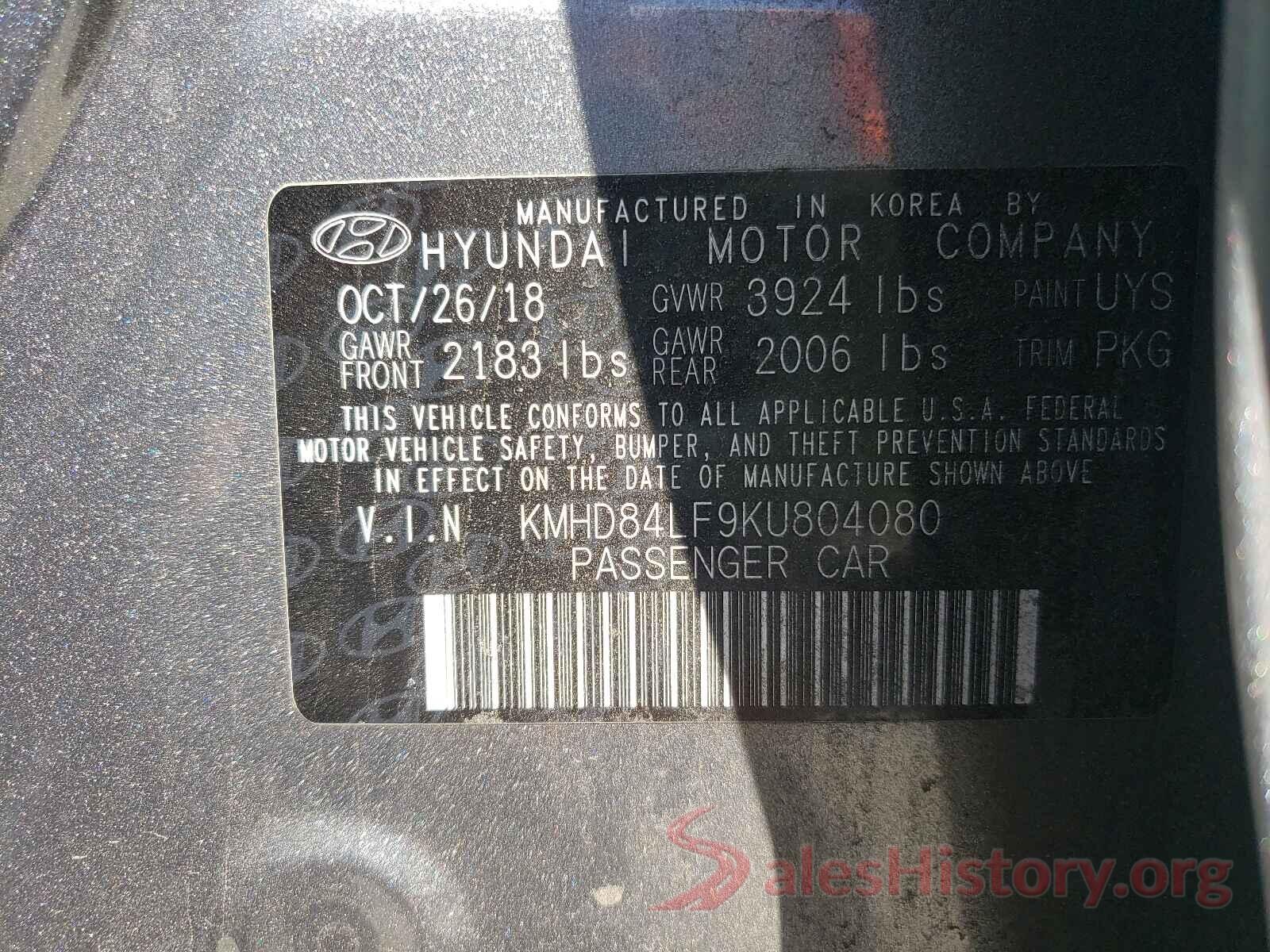 KMHD84LF9KU804080 2019 HYUNDAI ELANTRA