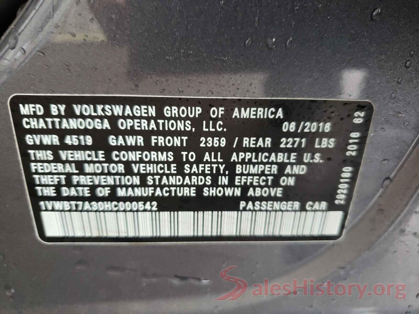 1VWBT7A30HC000542 2017 VOLKSWAGEN PASSAT