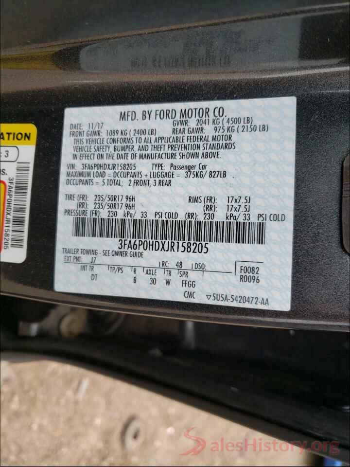 3FA6P0HDXJR158205 2018 FORD FUSION