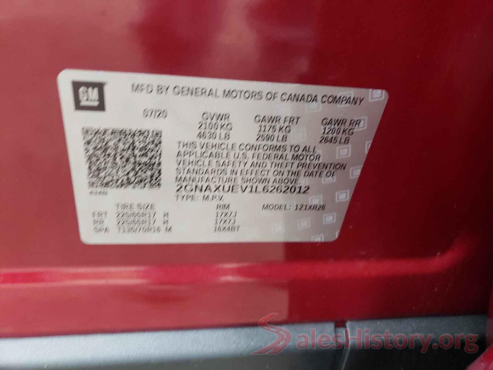 2GNAXUEV1L6262012 2020 CHEVROLET EQUINOX