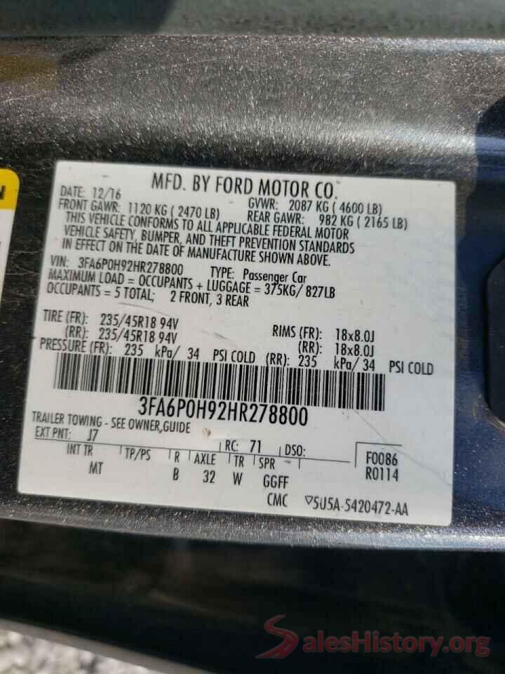 3FA6P0H92HR278800 2017 FORD FUSION