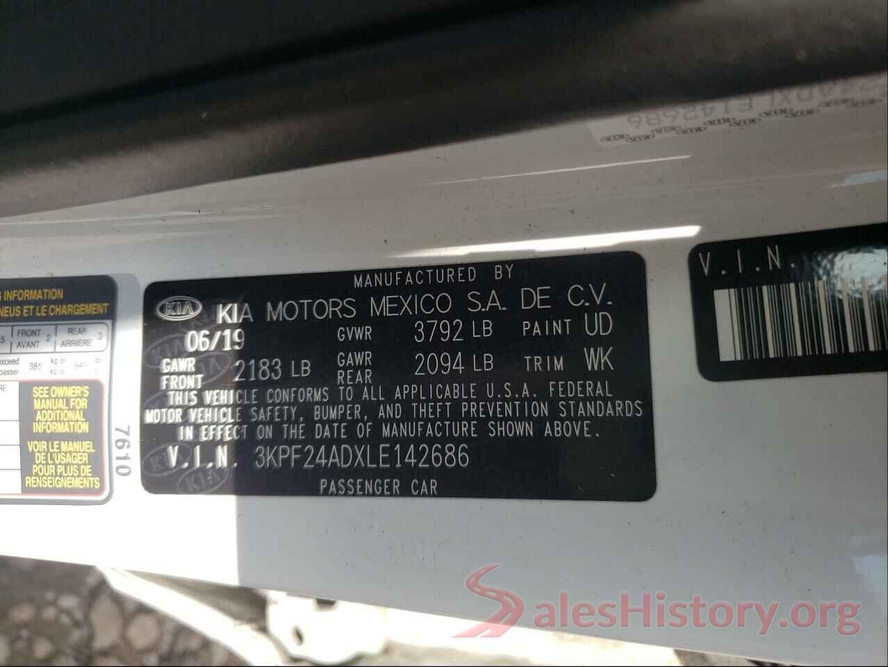 3KPF24ADXLE142686 2020 KIA FORTE