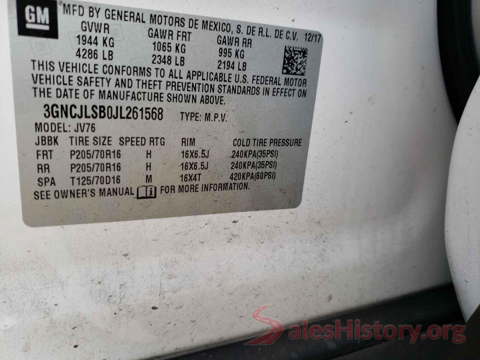 3GNCJLSB0JL261568 2018 CHEVROLET TRAX