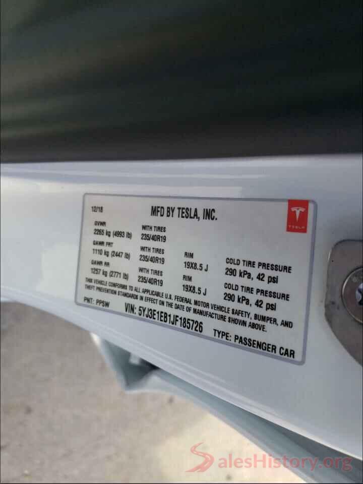 5YJ3E1EB1JF185726 2018 TESLA MODEL 3