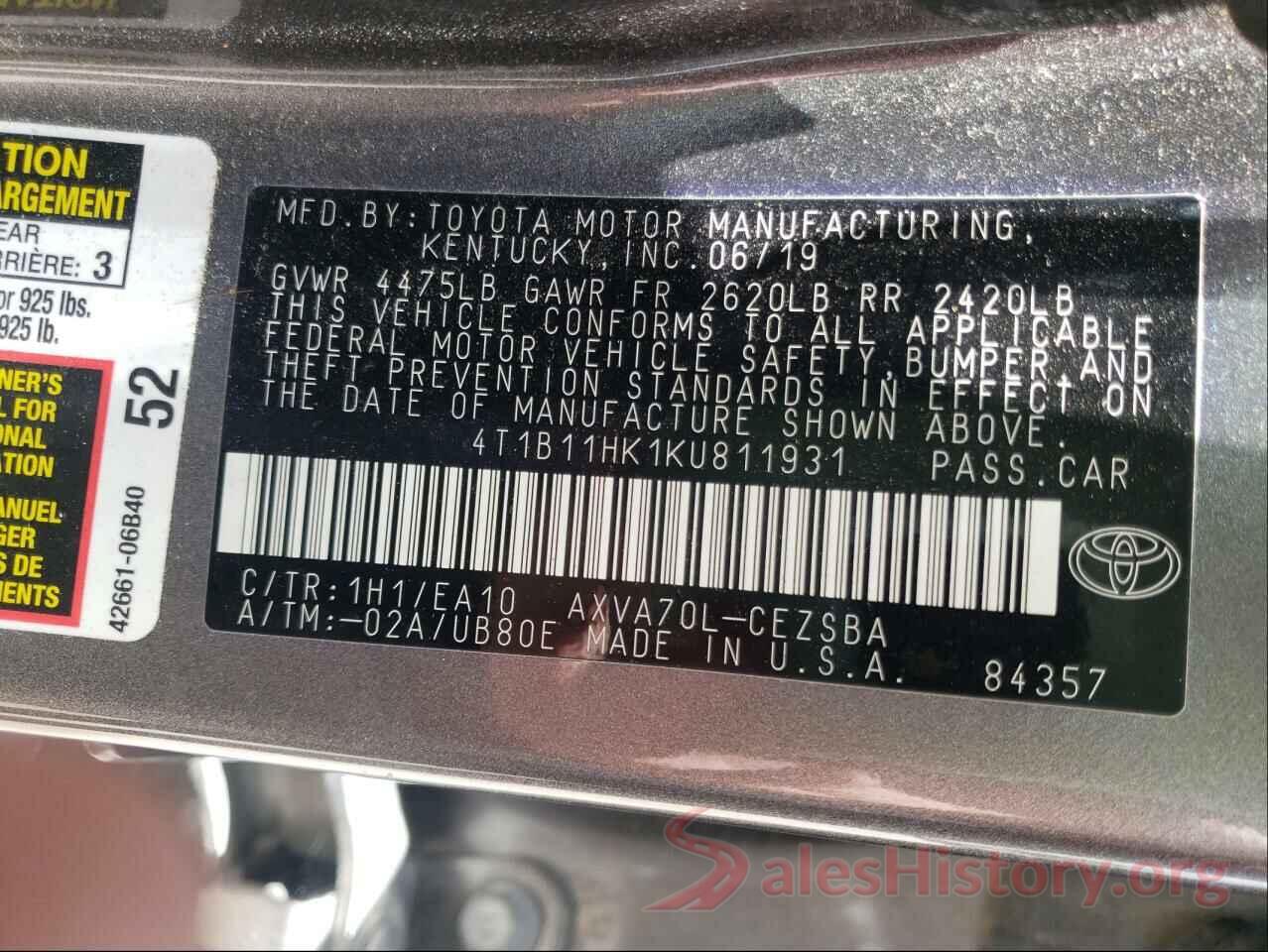 4T1B11HK1KU811931 2019 TOYOTA CAMRY