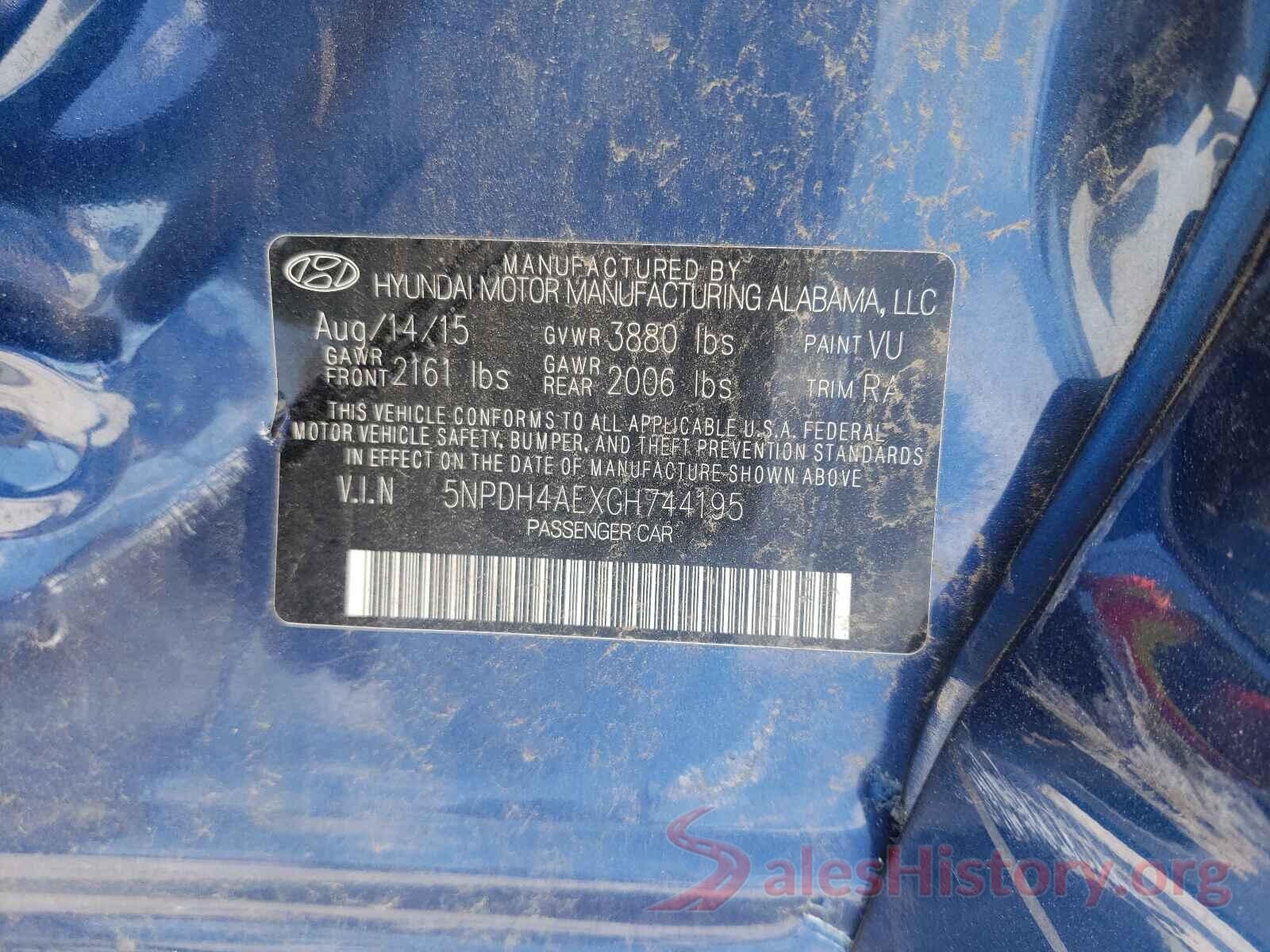 5NPDH4AEXGH744195 2016 HYUNDAI ELANTRA