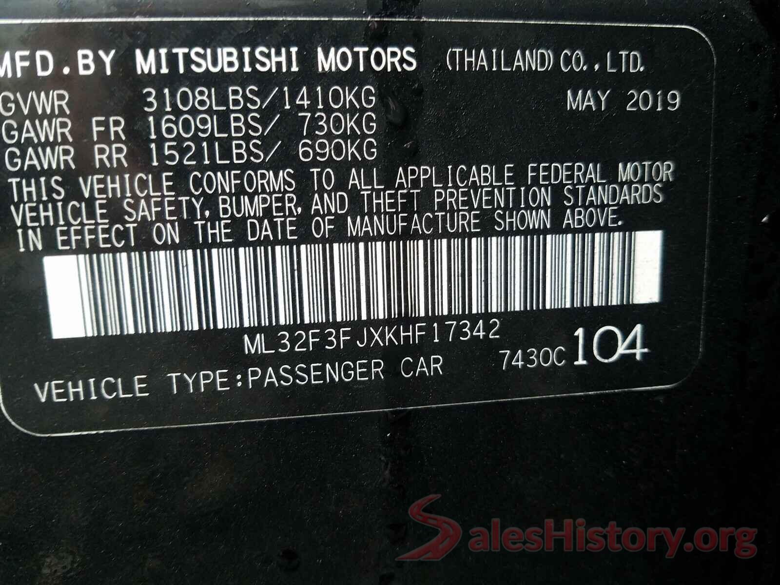 ML32F3FJXKHF17342 2019 MITSUBISHI MIRAGE