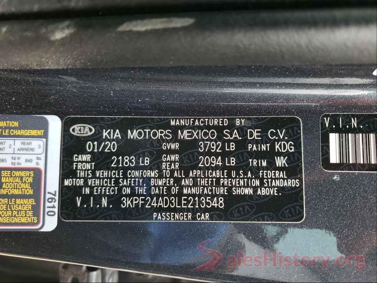 3KPF24AD3LE213548 2020 KIA FORTE