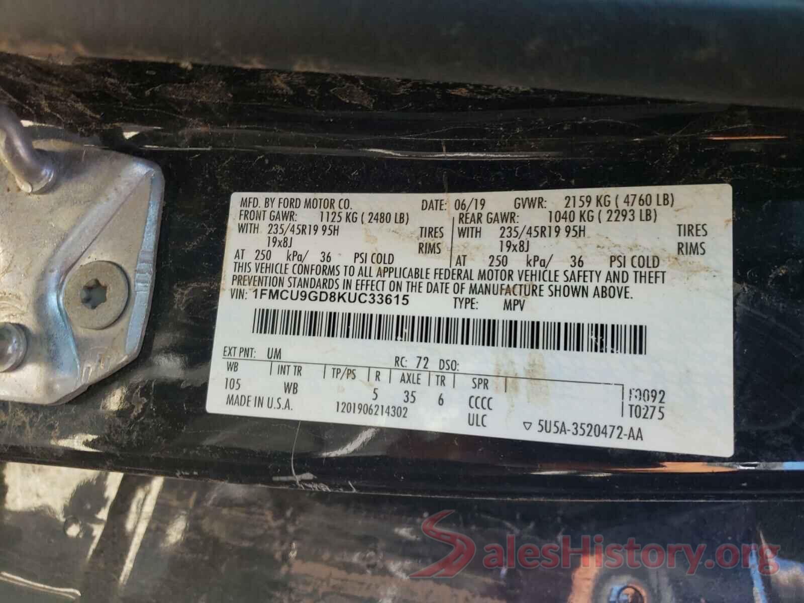 1FMCU9GD8KUC33615 2019 FORD ESCAPE