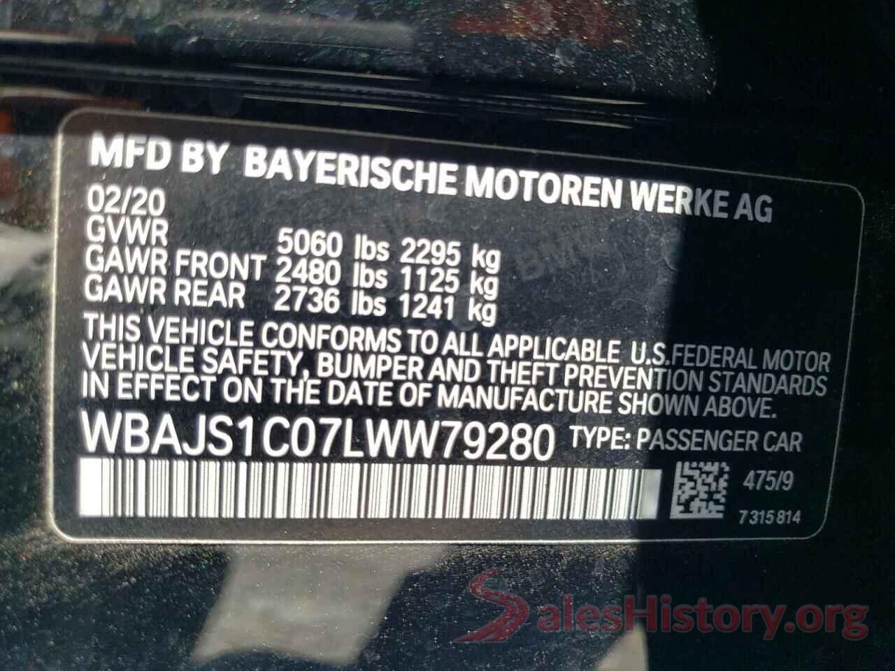 WBAJS1C07LWW79280 2020 BMW 5 SERIES