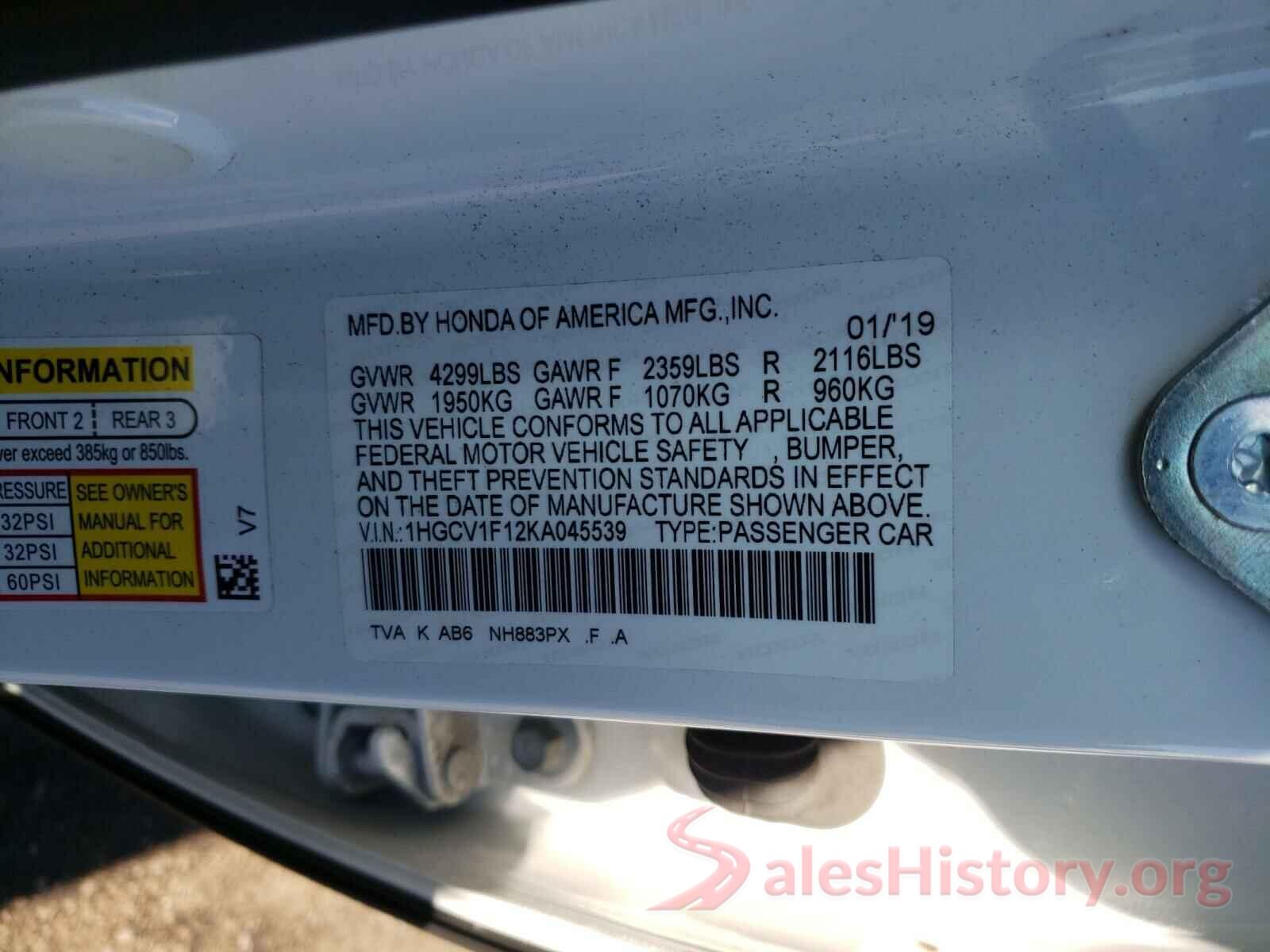 1HGCV1F12KA045539 2019 HONDA ACCORD