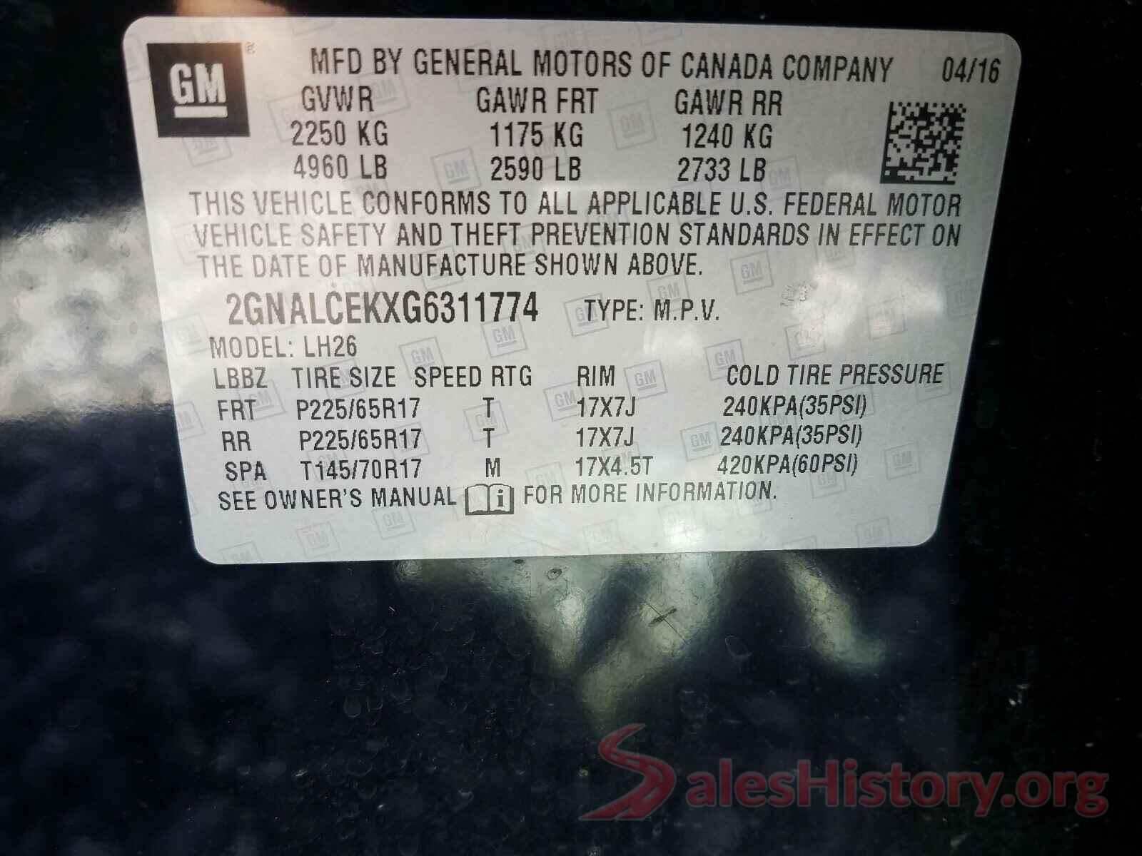 2GNALCEKXG6311774 2016 CHEVROLET EQUINOX