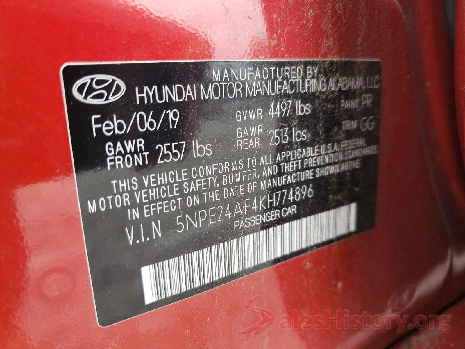 5NPE24AF4KH774896 2019 HYUNDAI SONATA