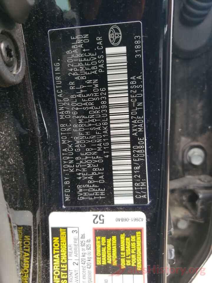 4T1G11AK8LU398326 2020 TOYOTA CAMRY