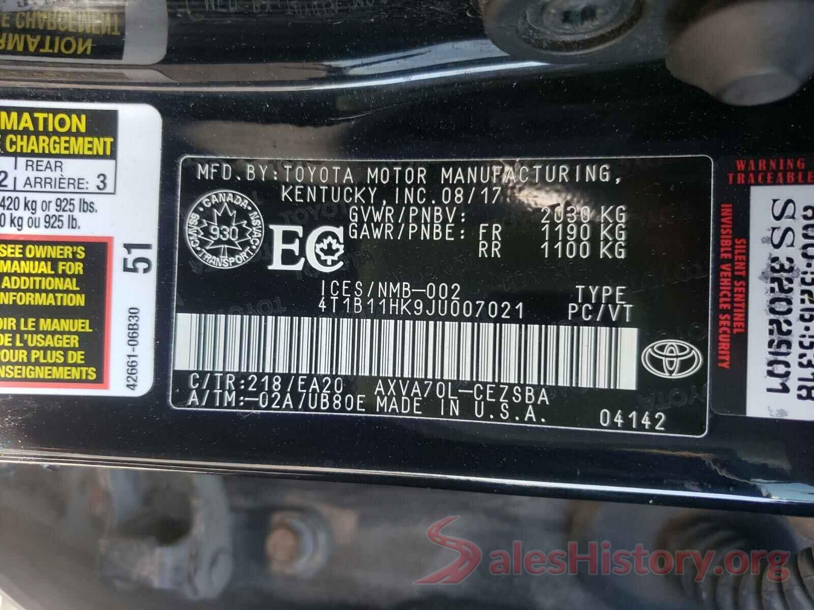 4T1B11HK9JU007021 2018 TOYOTA CAMRY