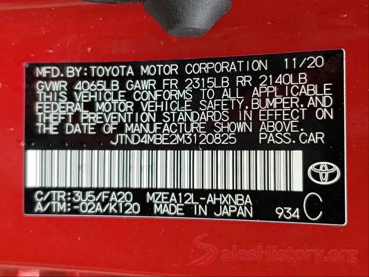 JTND4MBE2M3120825 2021 TOYOTA COROLLA