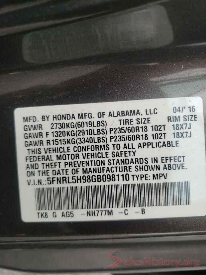 5FNRL5H98GB098110 2016 HONDA ODYSSEY